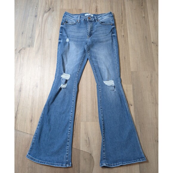 Kancan Blue Jeans Size 29X32 Flare High Rise Distressed Stretch - Picture 3 of 11